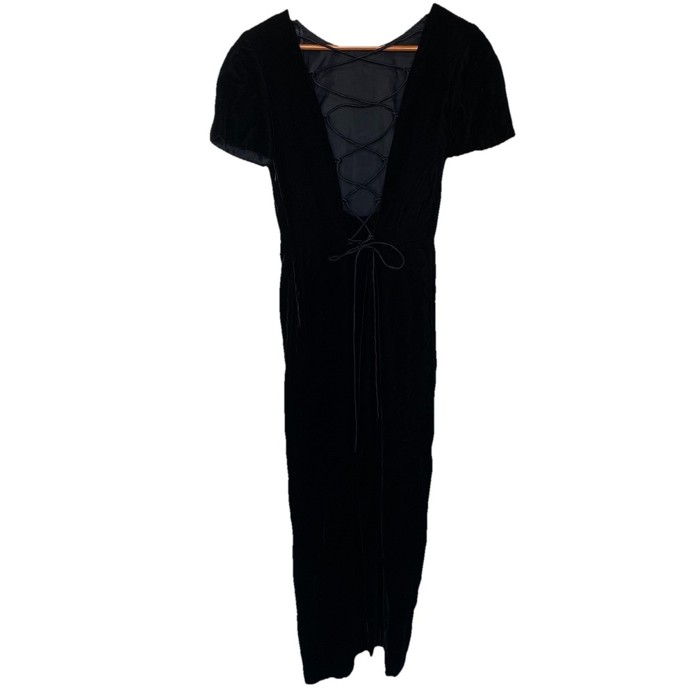 Vintage Santa Fe by Jim Tremblay 8 Velvet Black Maxi Dress Lace Up Back Peasant - Picture 3 of 9